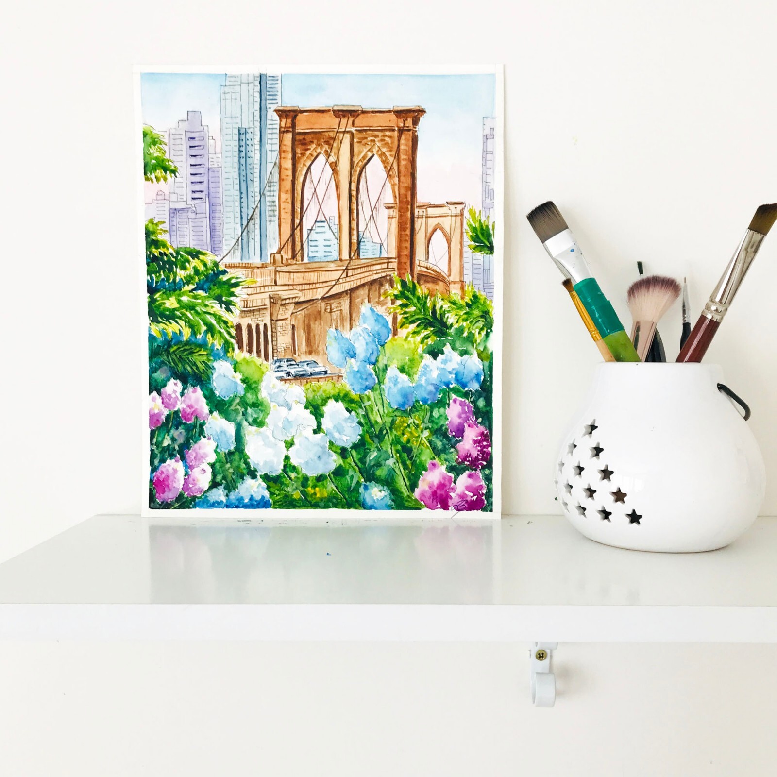 Original Art New York City Watercolor Brooklyn Bridge Painting NYC 12 x 9″