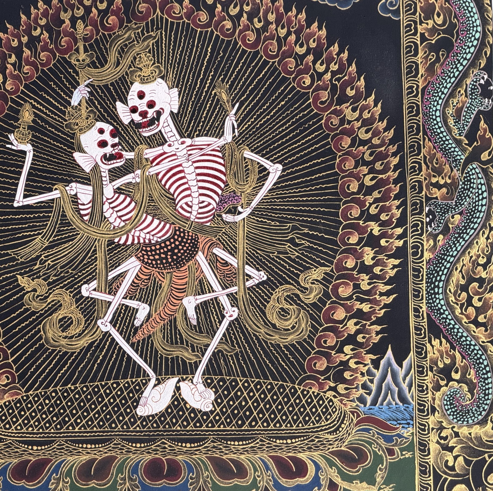 CITIPATI/ DANCING SKELETON/ HAPPY COUPLE OIL-VARNISHED TIBETAN THANGKA PAINTING