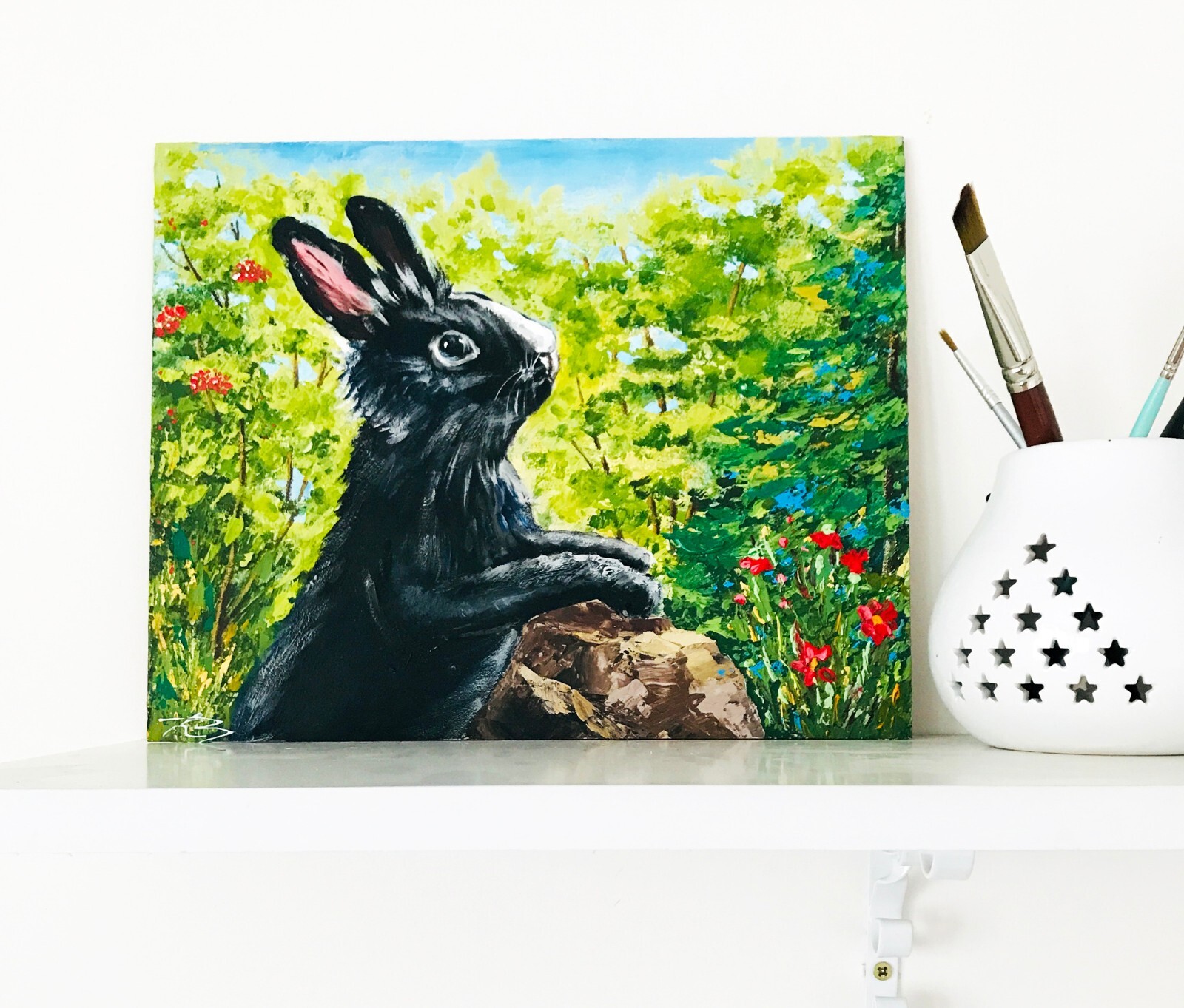 Original Art Rabbit Painting Easter Gift Black Bunny Lover Gift Figurine 9 x 12″