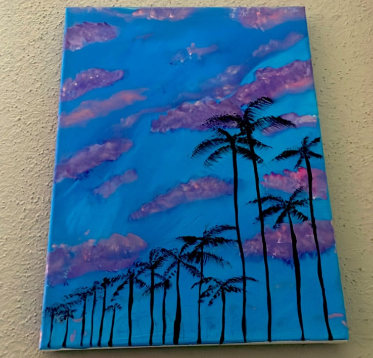 One of One Purple & Blue Beach Palm Trees Painting on Canvas