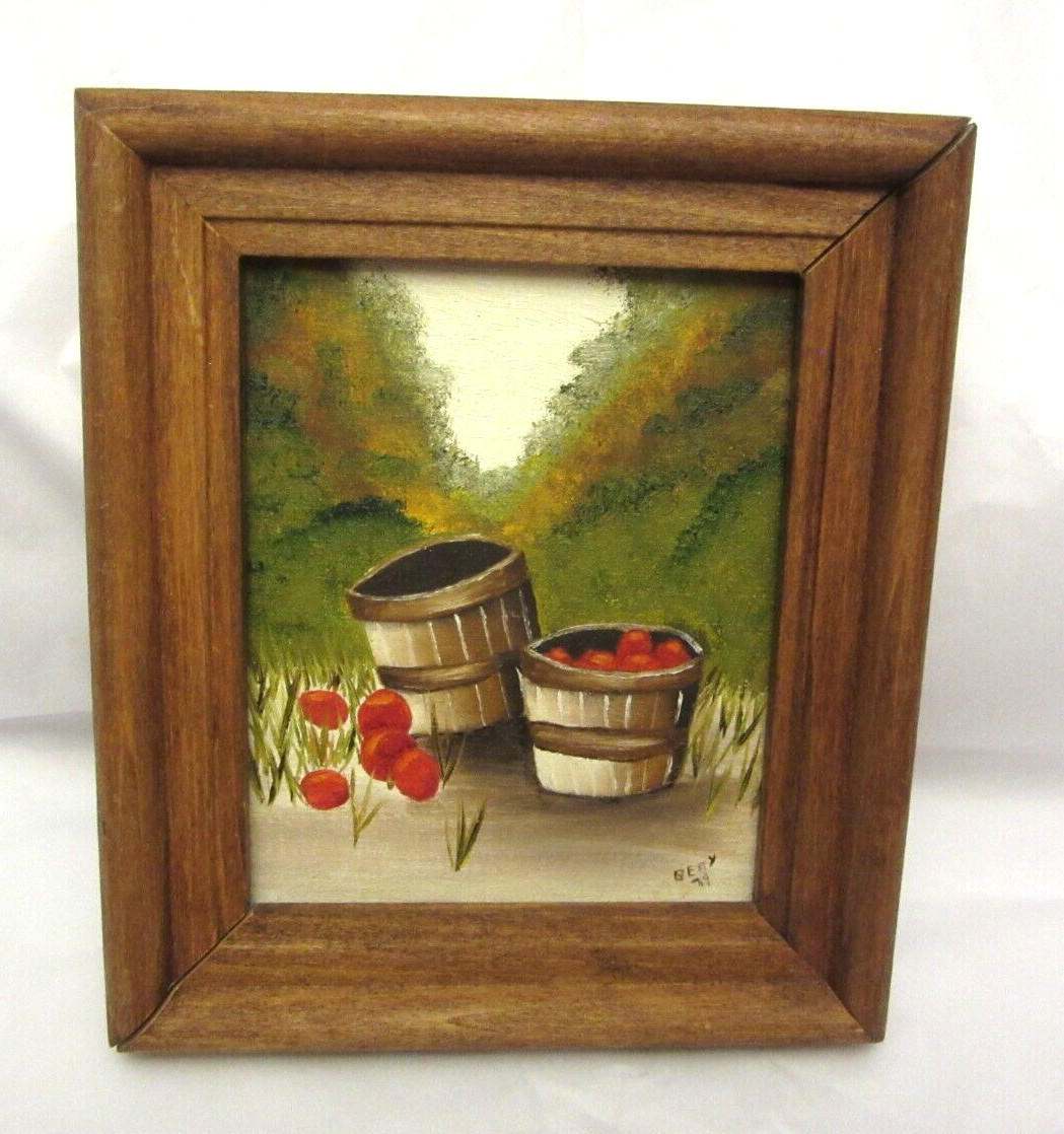 Vintage Apple Barrel Painting 1974 Signed in Wood Frame 5 3/4 X 6 1/2 INCH