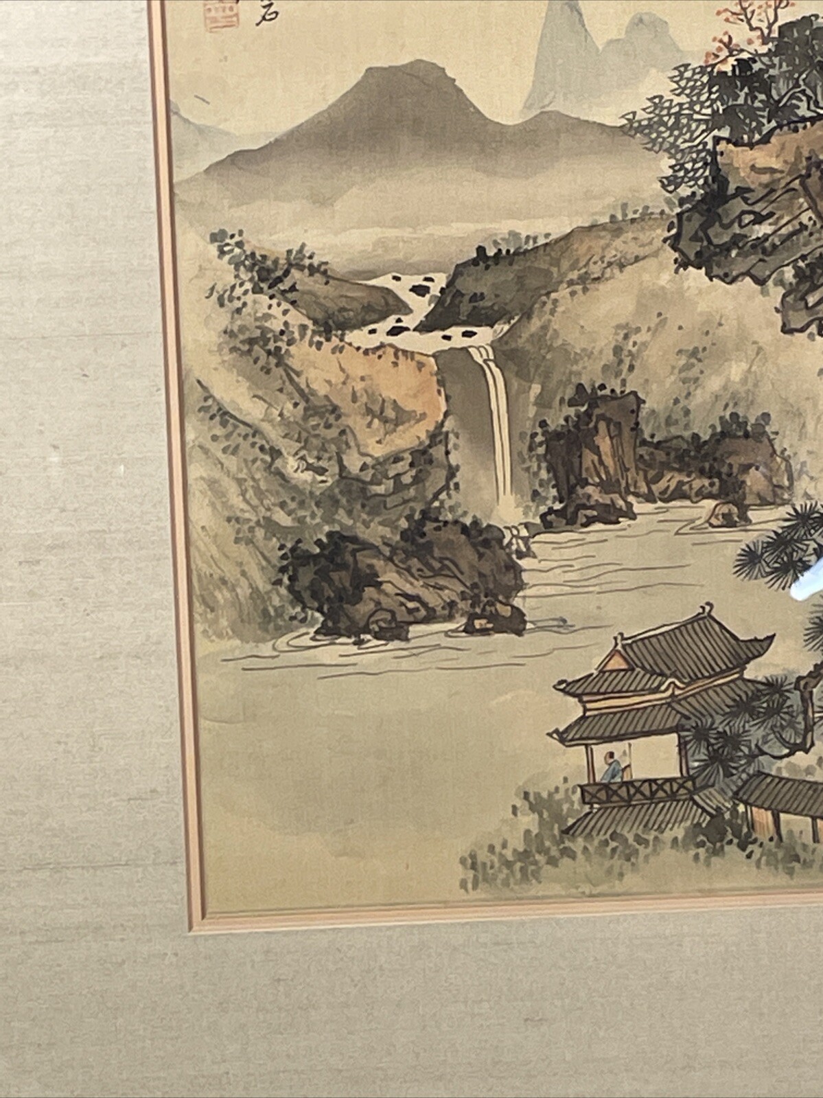 Signed Silk Chinese Landscape Painting Pagoda Mountain Guilin Scene 18.5 x 17″