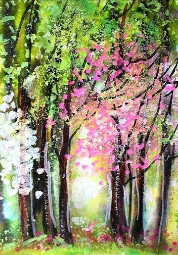 ACEO Original PAINTING Spring TREES Pink Flowers Sun Nature Landscape ATC ART