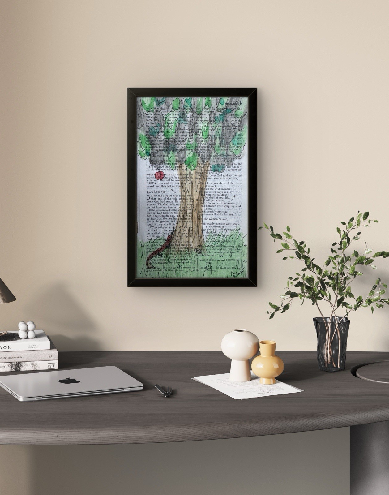 Original Art «Fall Of Man» 5.25 x 8.25 On A Bible Page Inspirational Wall Art