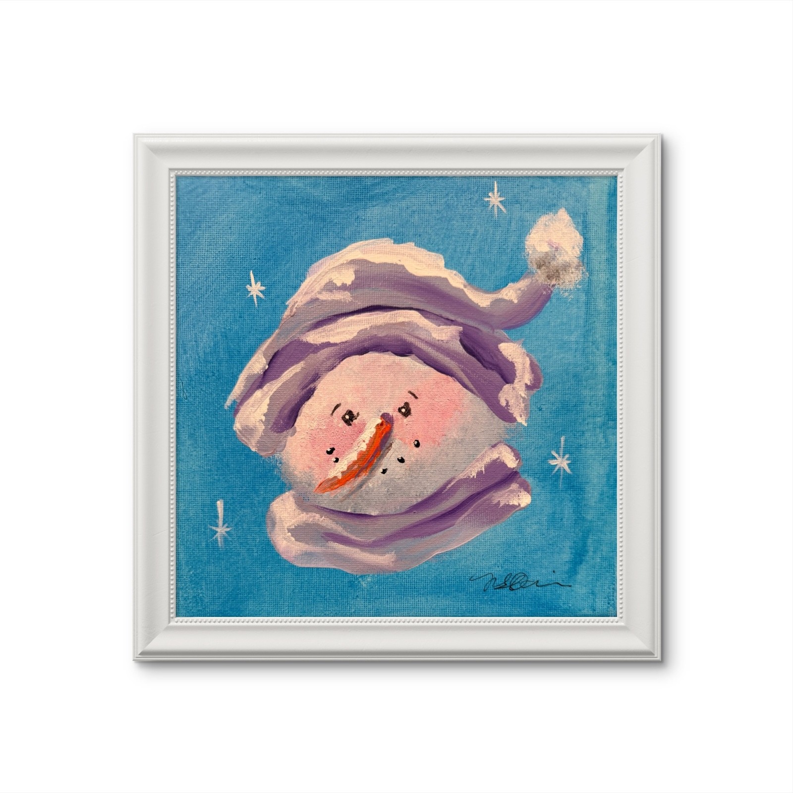 OOAK Original Small 8”X 8” Acrylic-Holiday Snowman with Lavender Hat and Scarf
