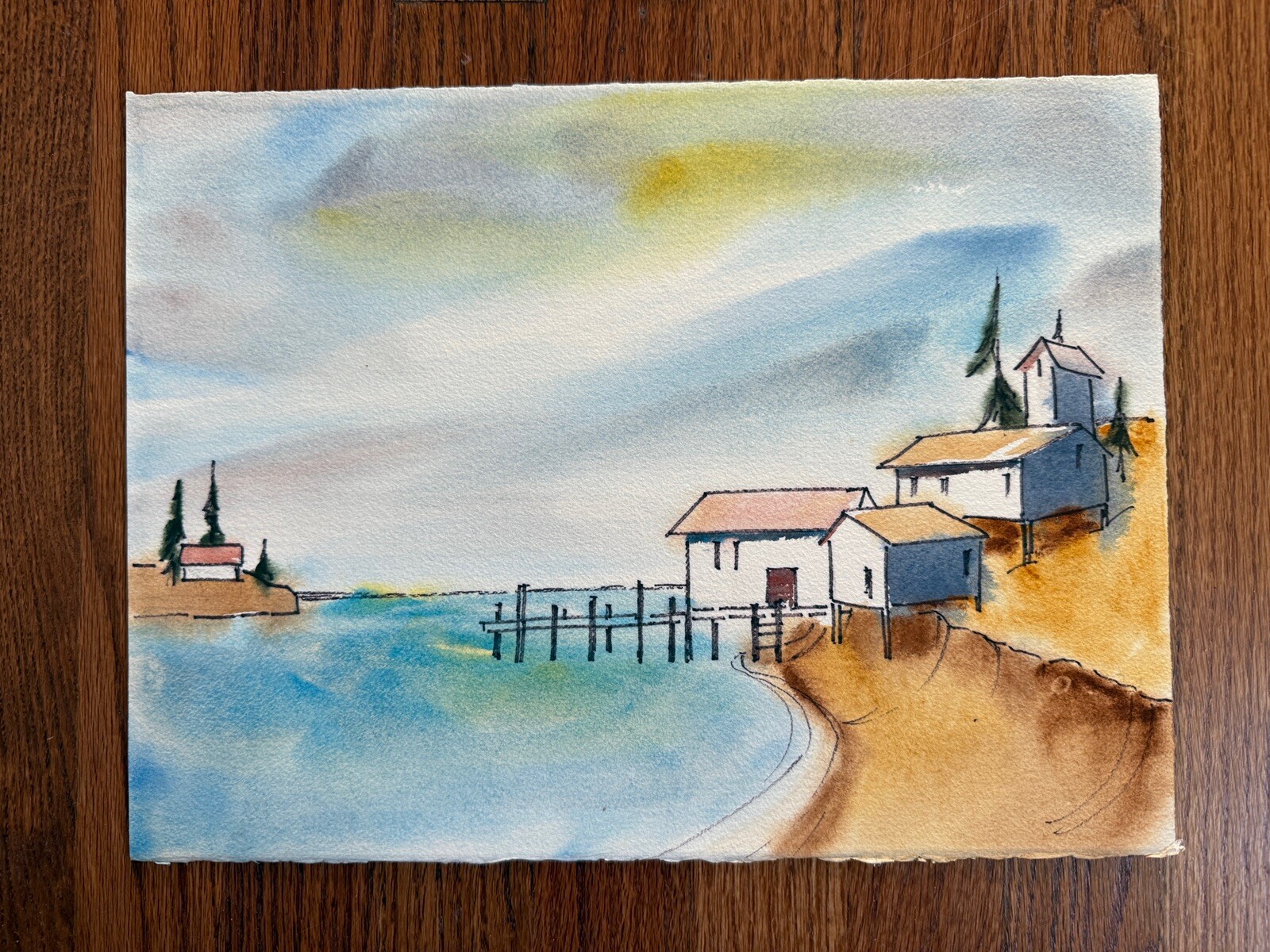 Vintage Unknown Artist Landscape Watercolor Painting on Paper Beachfront Home