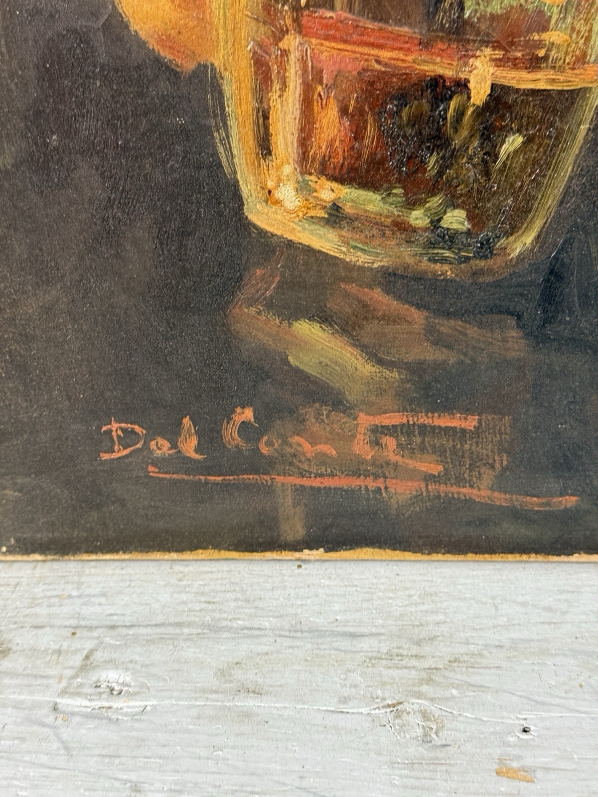 European mid 20C, Del Conte, Vintage Oil Painting, Portrait of an Old Man w/ Mug
