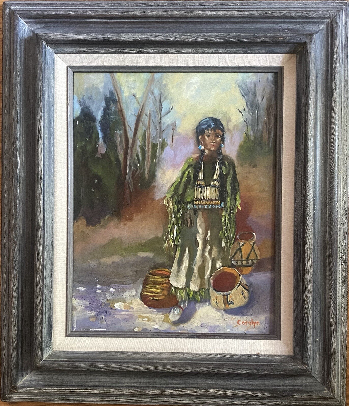 Oil Painting-Native American Indian Girl With Pottery-Nice Detail/Colors