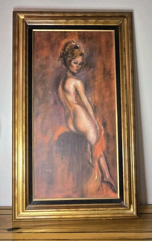 Vintage Original Oil on Canvas Nude Woman Seated Portrait Signed JACKIE 70s MCM