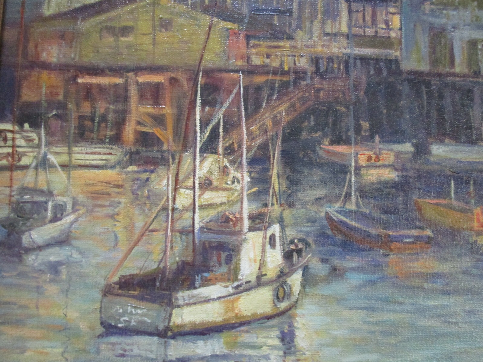BEVERLY SIGNED PAINTING AMERICAN INDUSTRIAL COASTAL HARBOR MARINA FISHING PORT