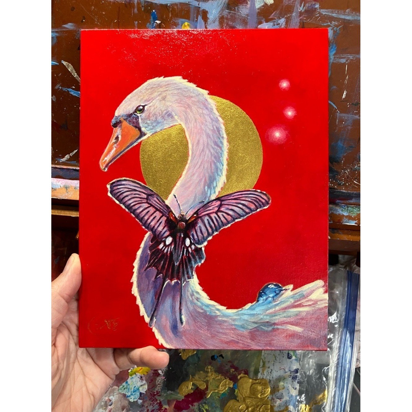 Swan original bird painting surreal art butterfly beetle animals Artettina USA