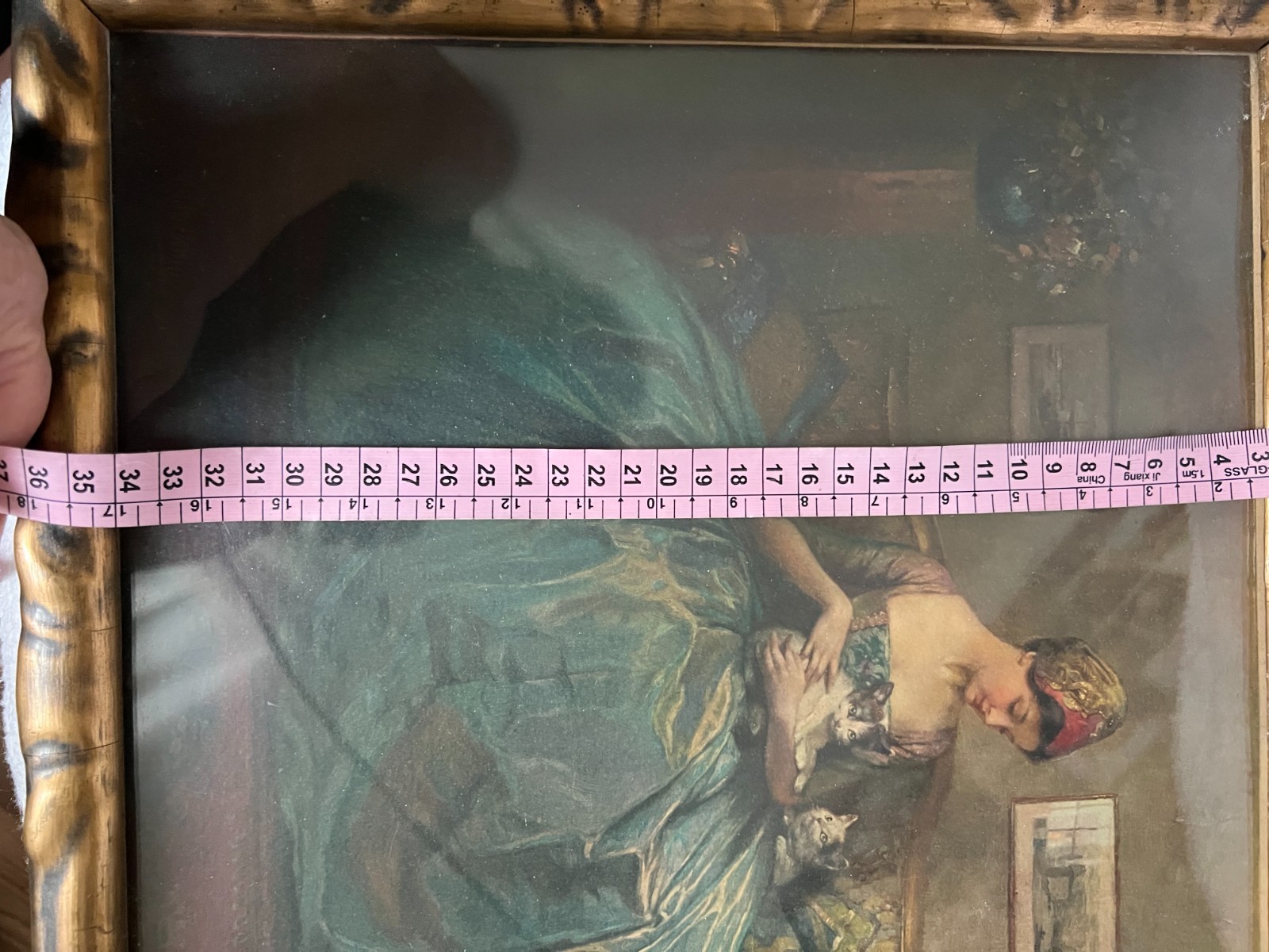 An antique painting from 1900. Lithograph, under glass. Made in Europe.