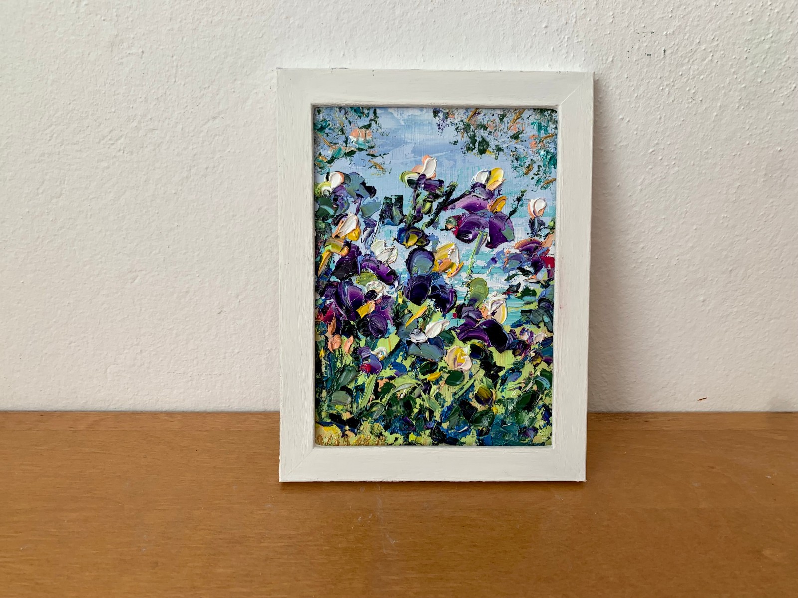 Iris Flowers by Pond Impasto Oil Painting on Painting Board Abstract Flowers Painting