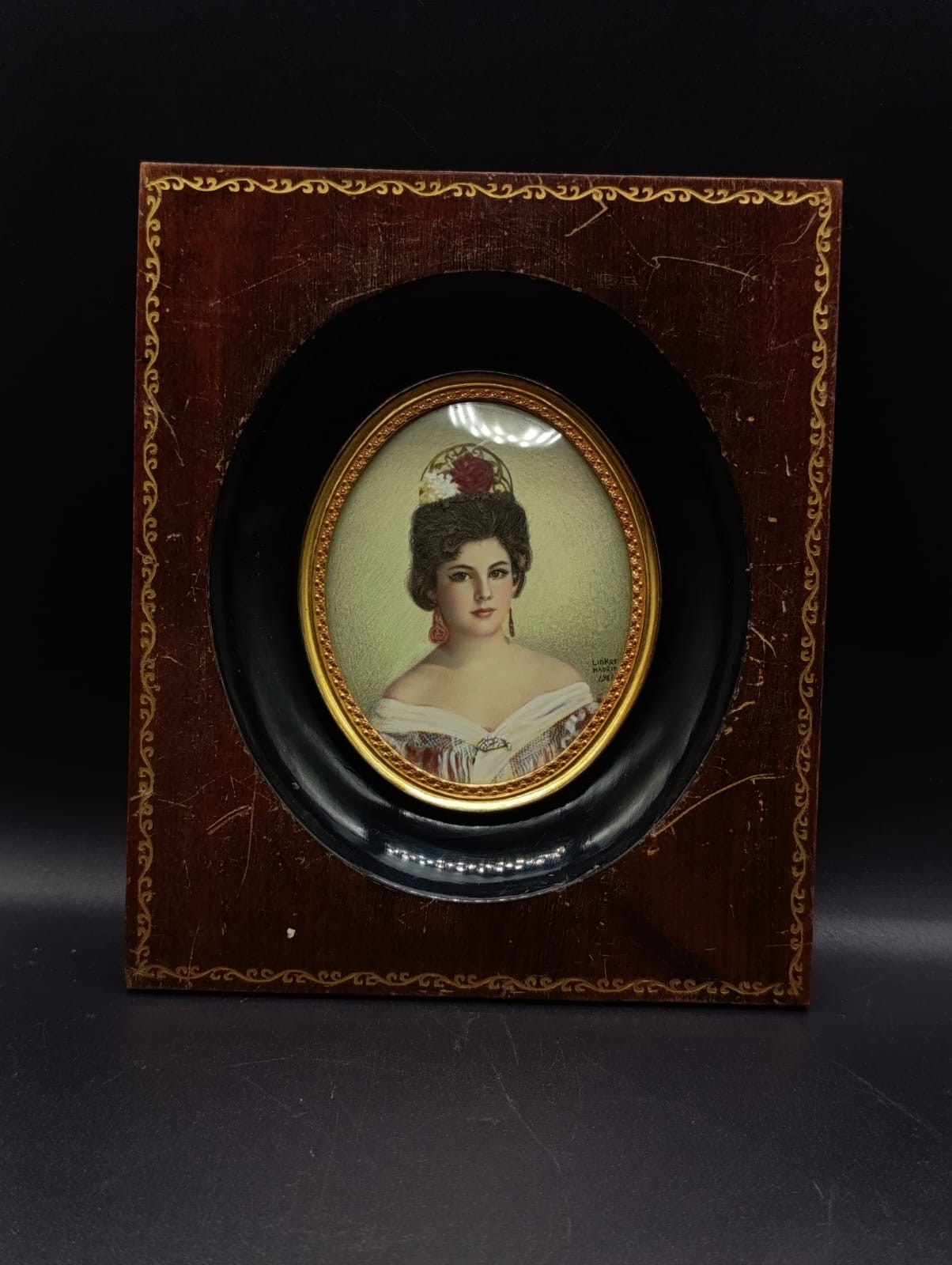 Signed Linker Madrid 1961 Hand Painted Portrait Miniature Victorian Lady
