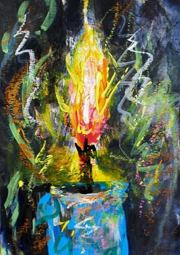 ORIGINAL ACEO Painting Blue CANDLE Burning FIRE Flame Smoke Peace Zen ATC ART