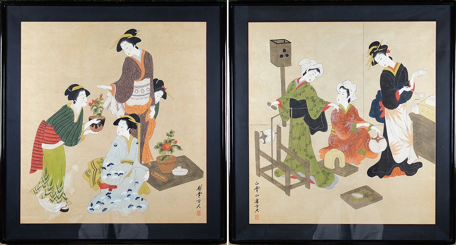 Framed Japanese Antique Painting on Traditional Rice Paper, Asian Watercolor Art