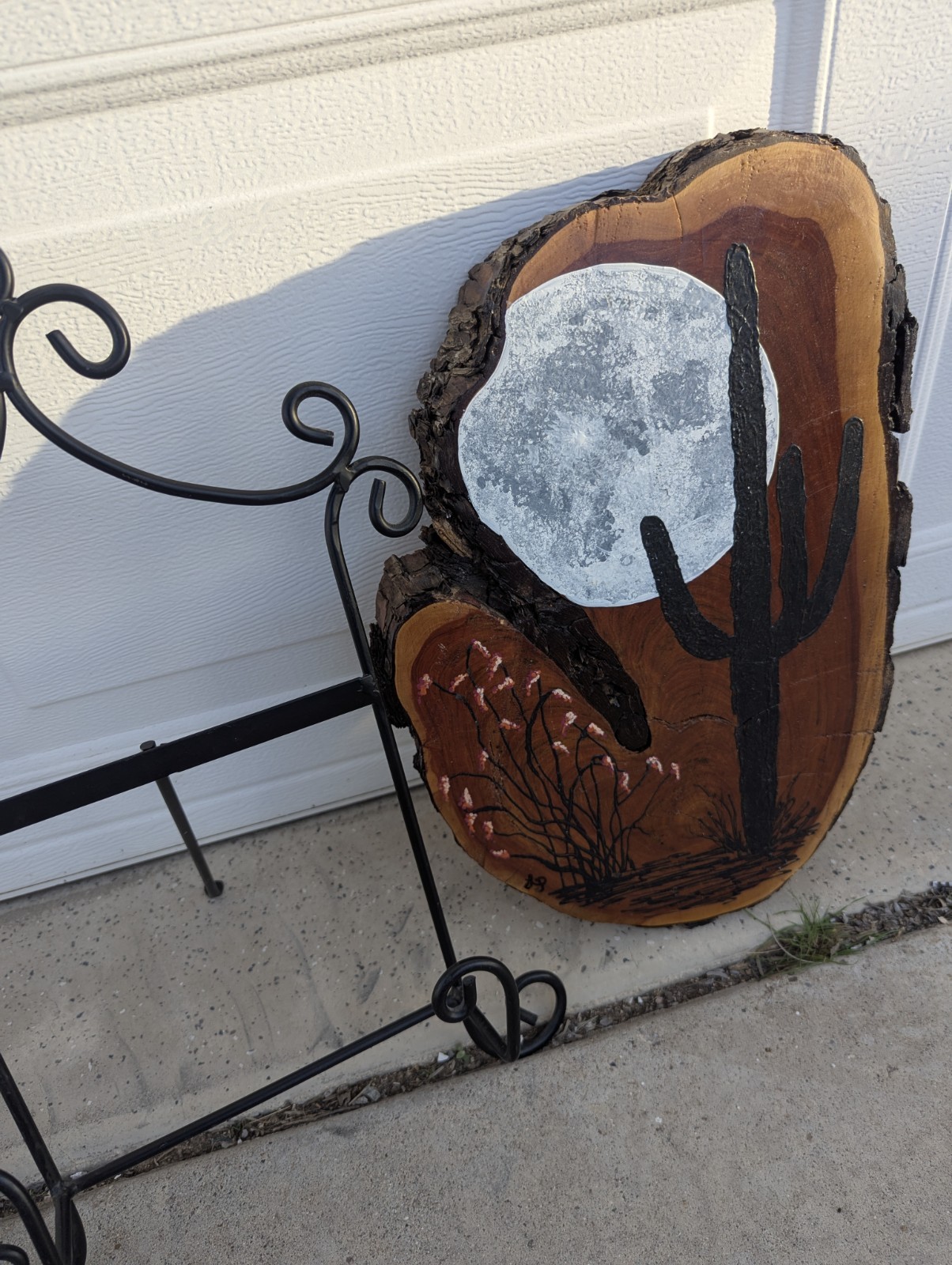 Original Southwest Desert Art Hand Painted on Live Edge Wood Slice Saguaro Moon