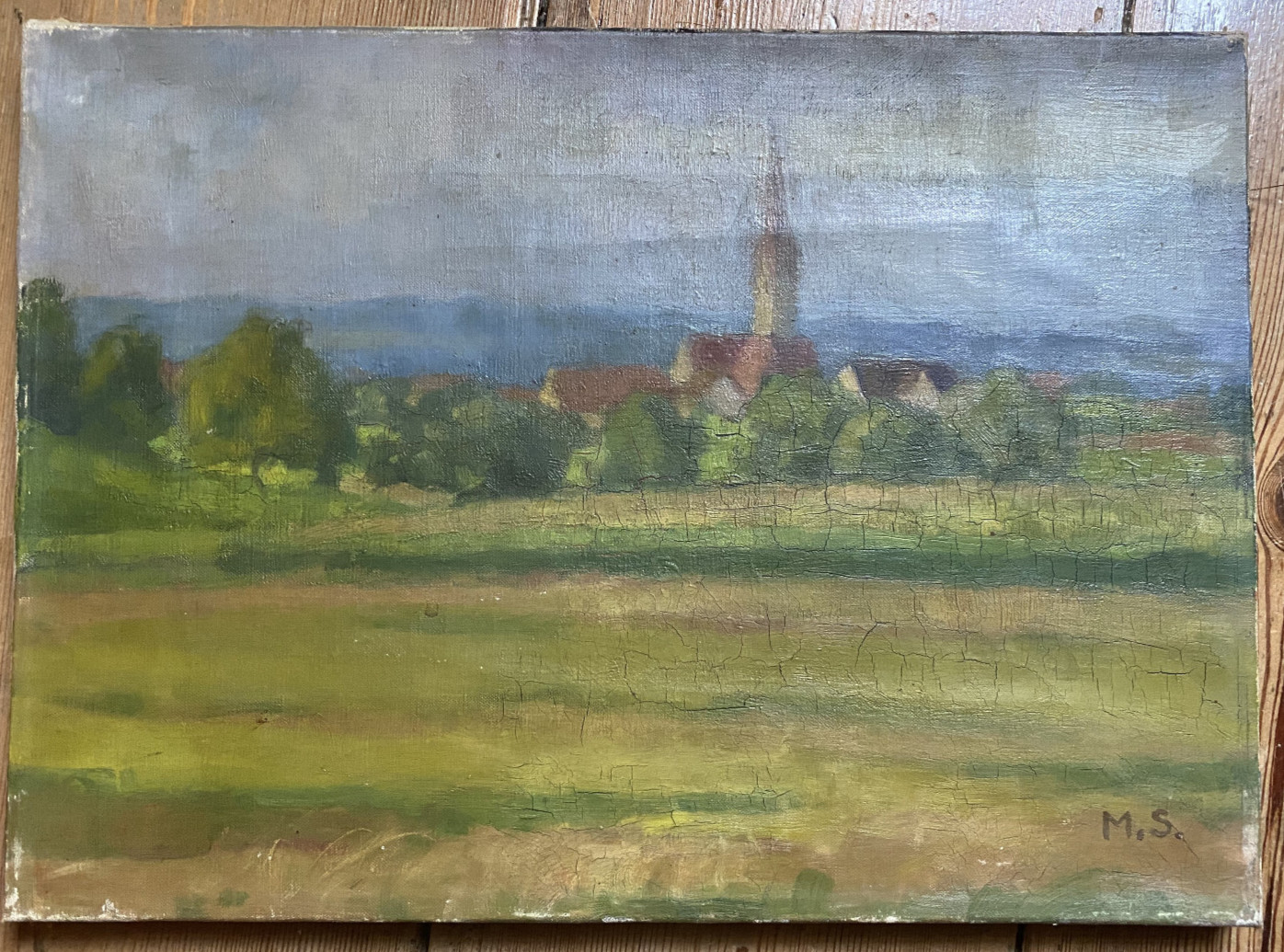 Oil Painting Landscape With Village Um 1920 Church Alps Mountain Tower Monogram