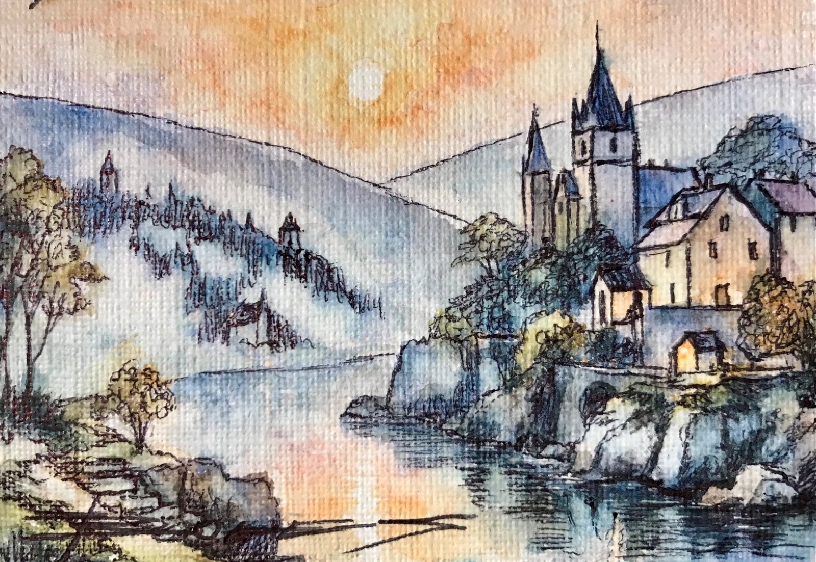 ORIGINAL Painted Pen and Watercolor (ACEO) Chateau in the Mist of Morning