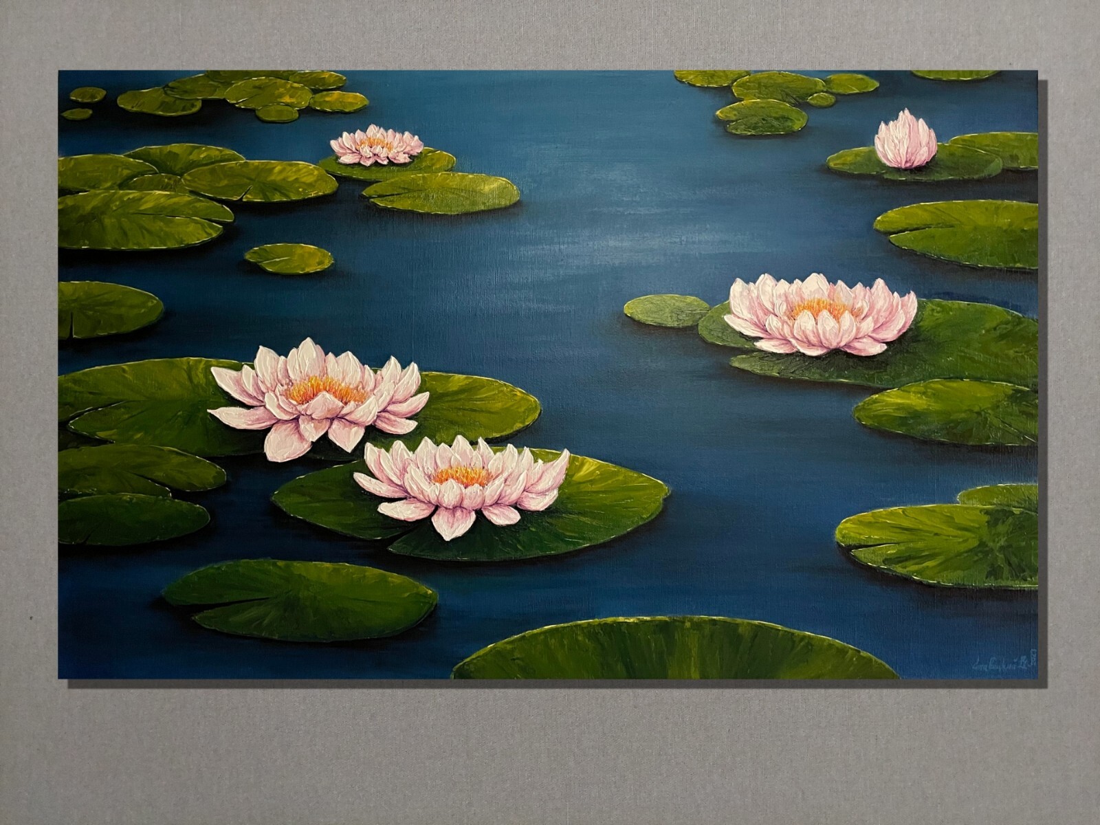 Water lilly oil painting. Lotus flower artwork. Claude Monet summer blossom pond