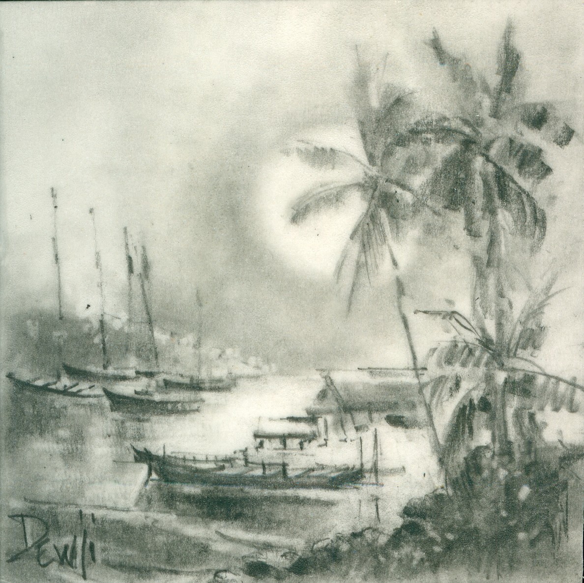 Coastal 19 – Original art ocean hut moon palm tree 4″x4″ mounted on wood panel