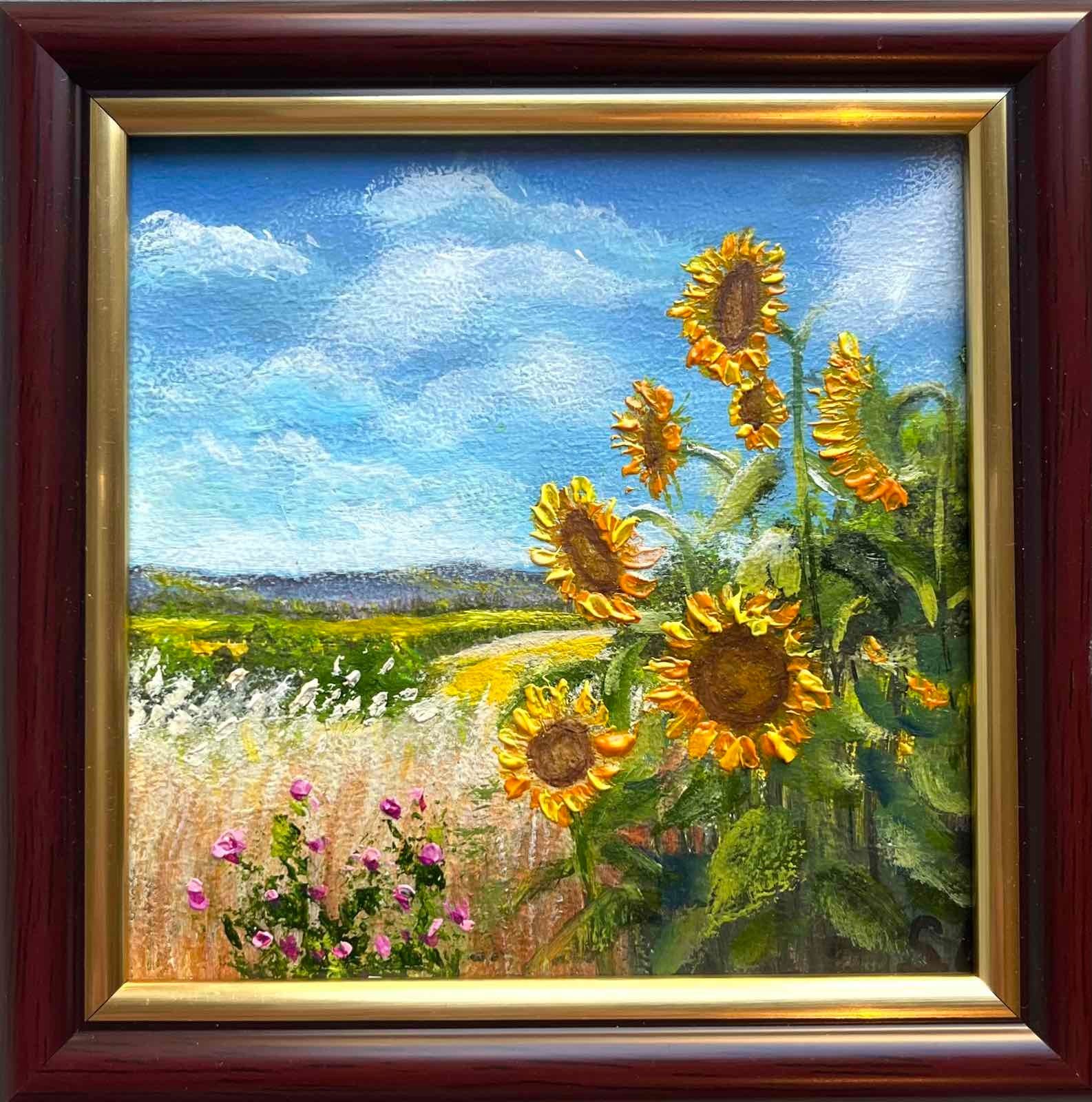 Summer Original Oil Painting Landscape Sunflowers in the Field Wall Art 4 x 4 in