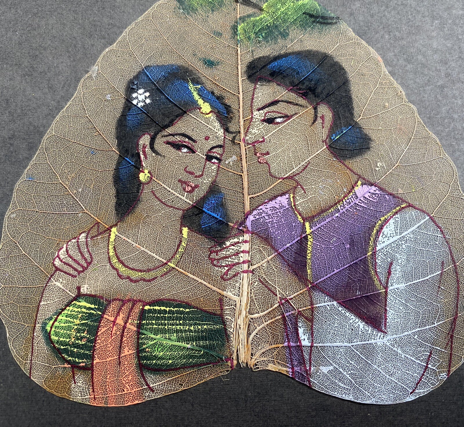Pipal Tree Leaf Man & Woman India Hand Painted Skeleton Leaf Courting Couple