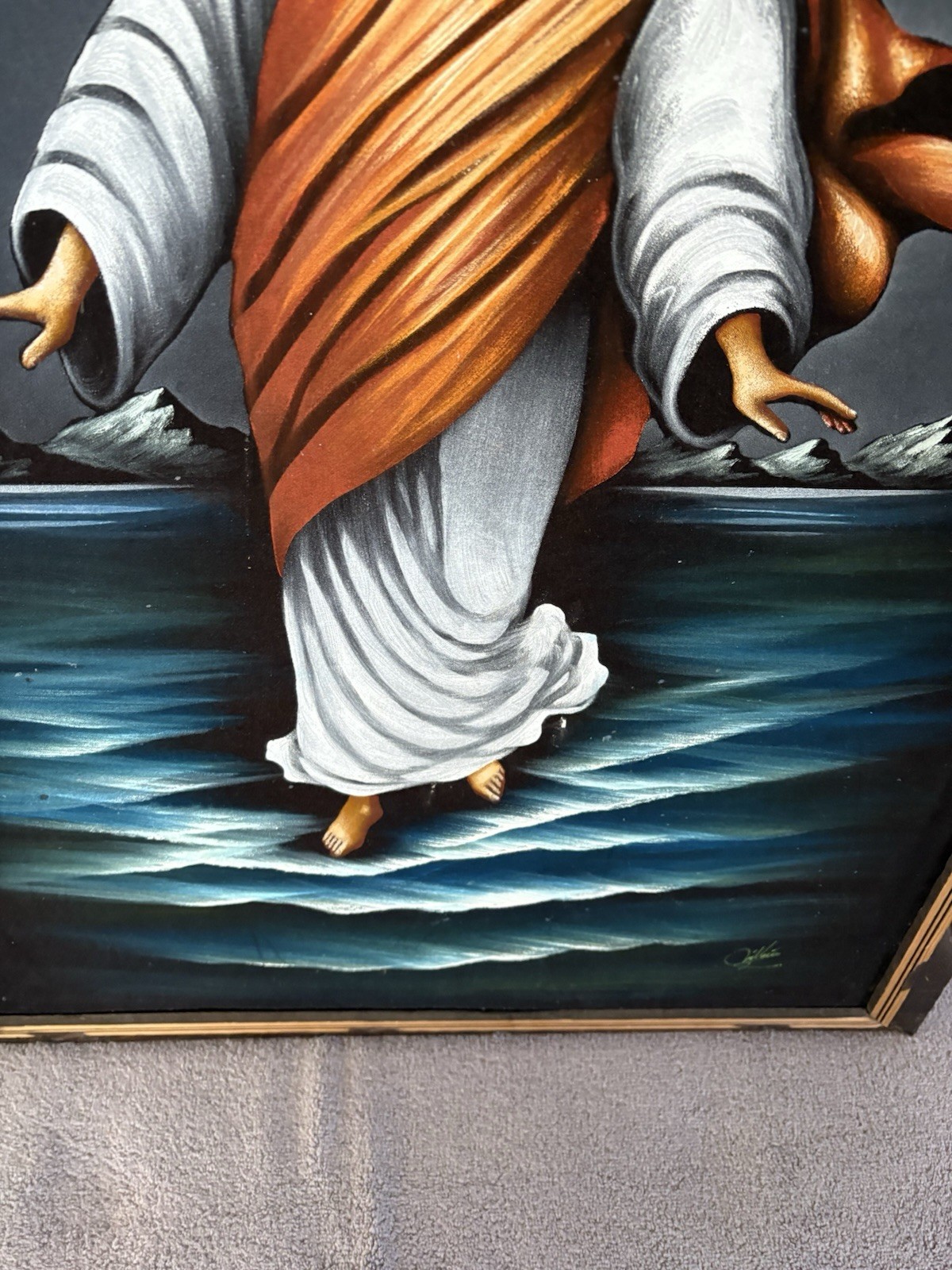 VTG 70s MCM Jesus Christ Walking On Water Black Velvet Painting 40” x 27”signed