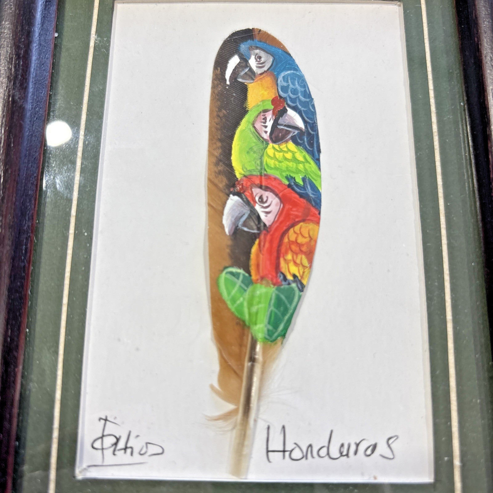 Framed Feather Hand Painting Parrots Signed Honduras Bright Colorful
