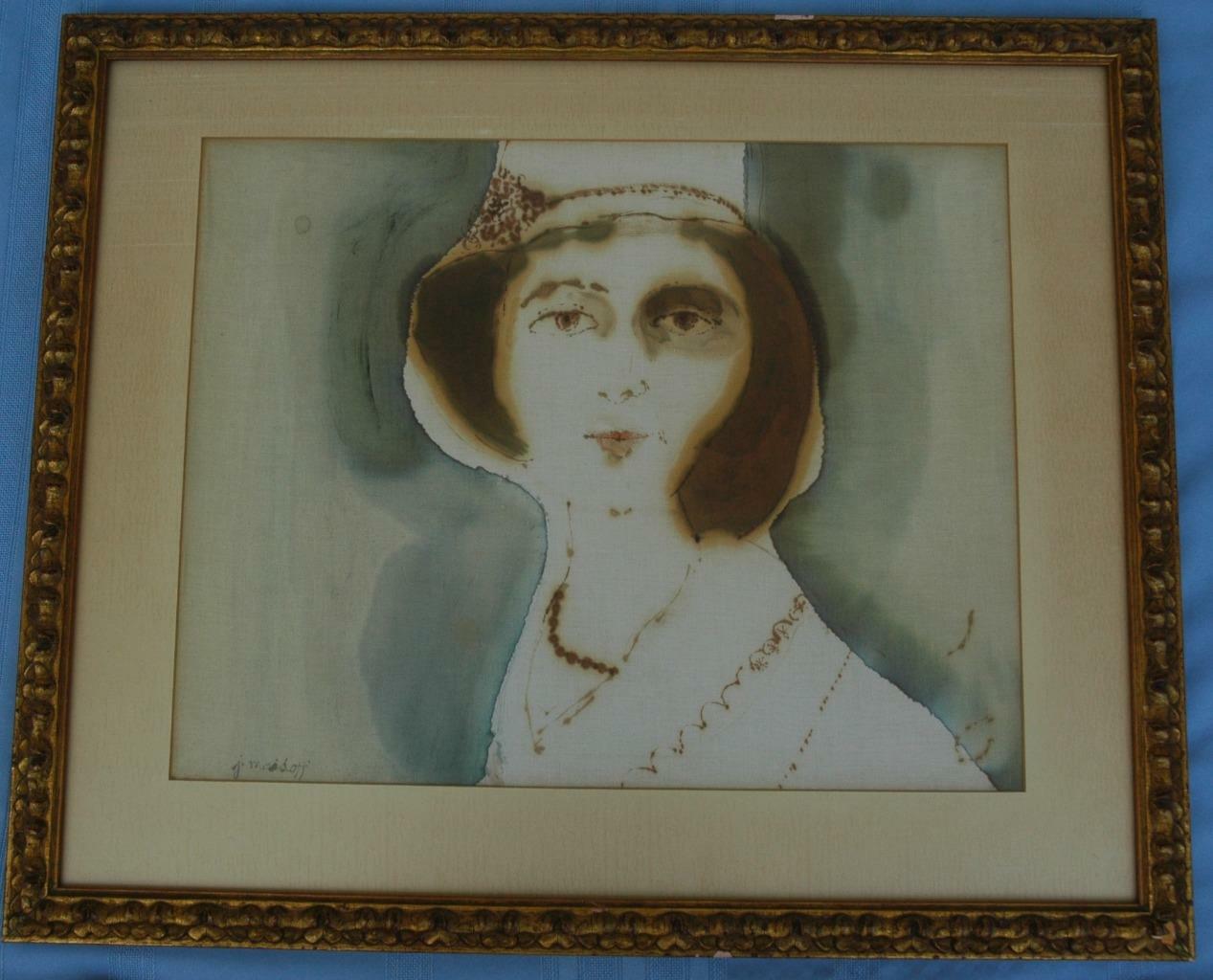 Watercolor and Ink Portrait of Woman by Listed Album Cover Artist Jules Maidoff