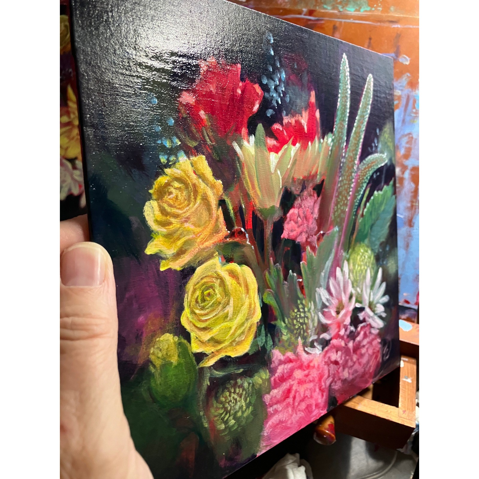Original Painting floral still life Art ladybugs Rose bouquet Flowers US Artwork
