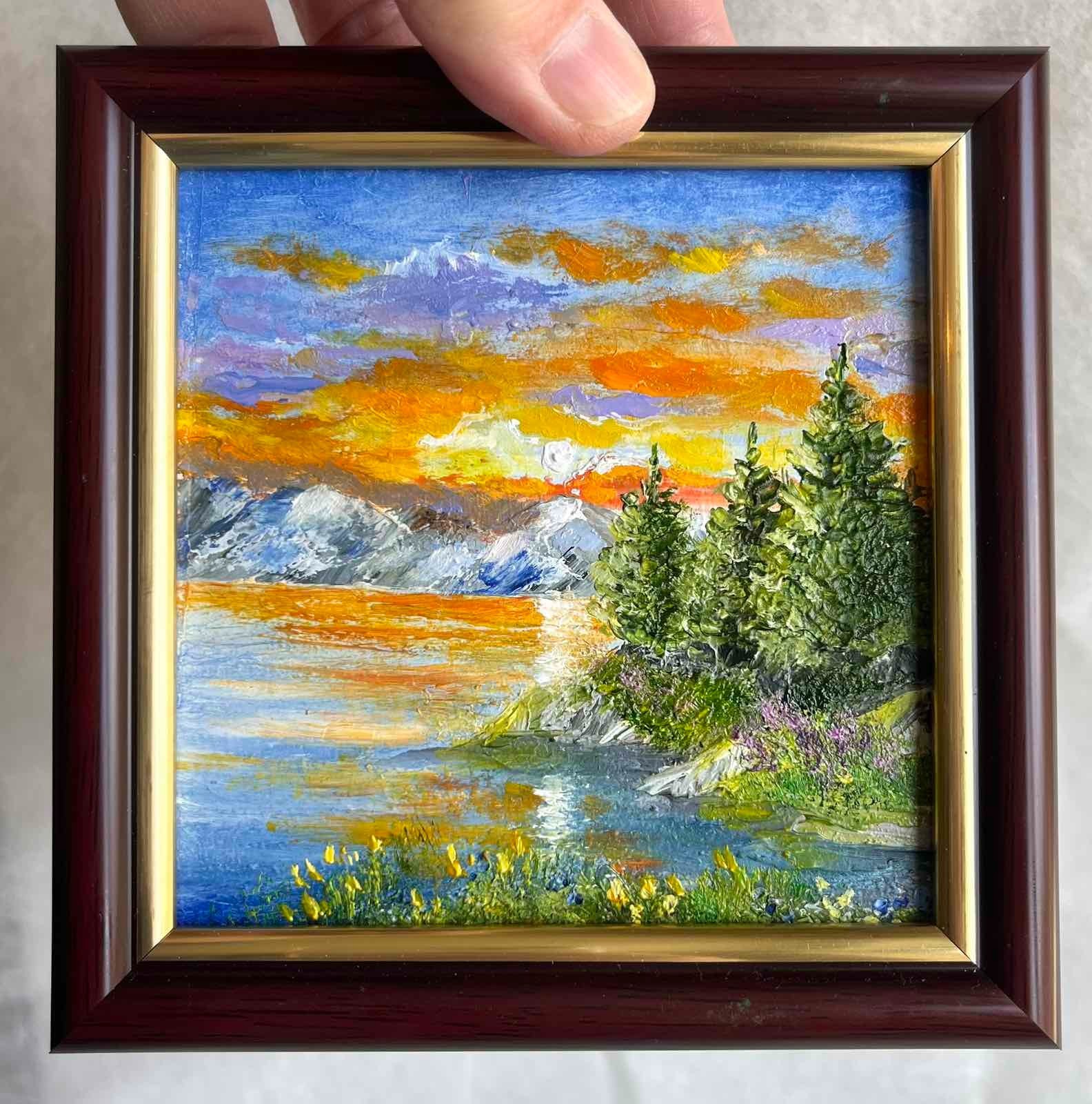 Sea Mountains SUMMER LANDSCAPE ORIGINAL Art Oil painting Flowers 4 x 4 in