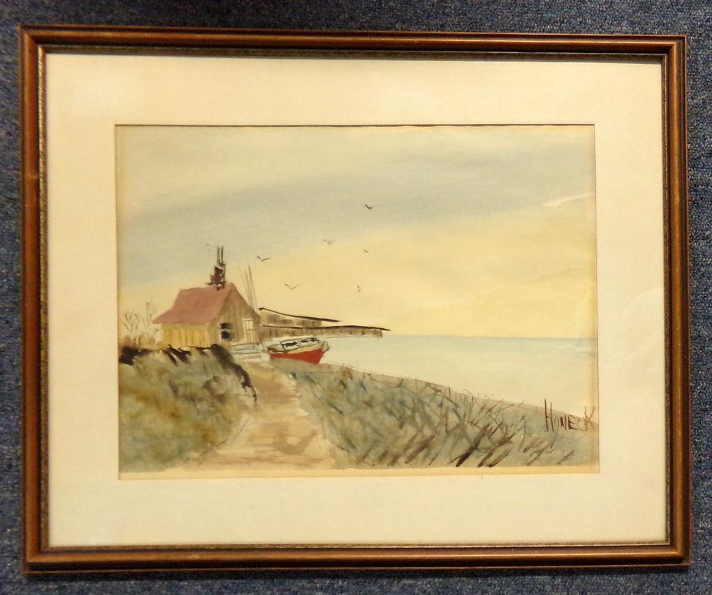 Original Signed Honeck Water Front Shanty Water Color Painting