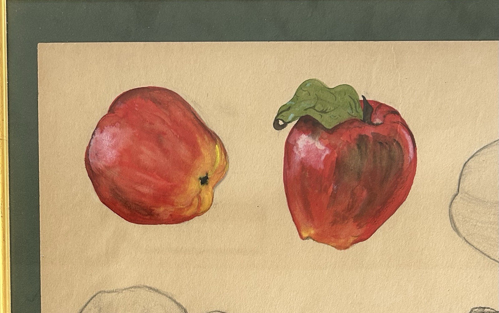 Richard Jerzy Signed Mixed Media Apple Study Watercolor Charcoal 1960 MCM Framed
