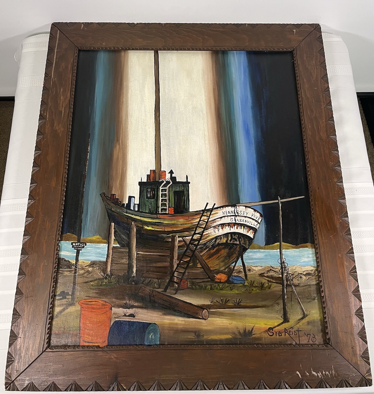 VTG 70s Folk Art Boat Oil Painting Syd Reidt Nautical Rustic Framed Mid Century