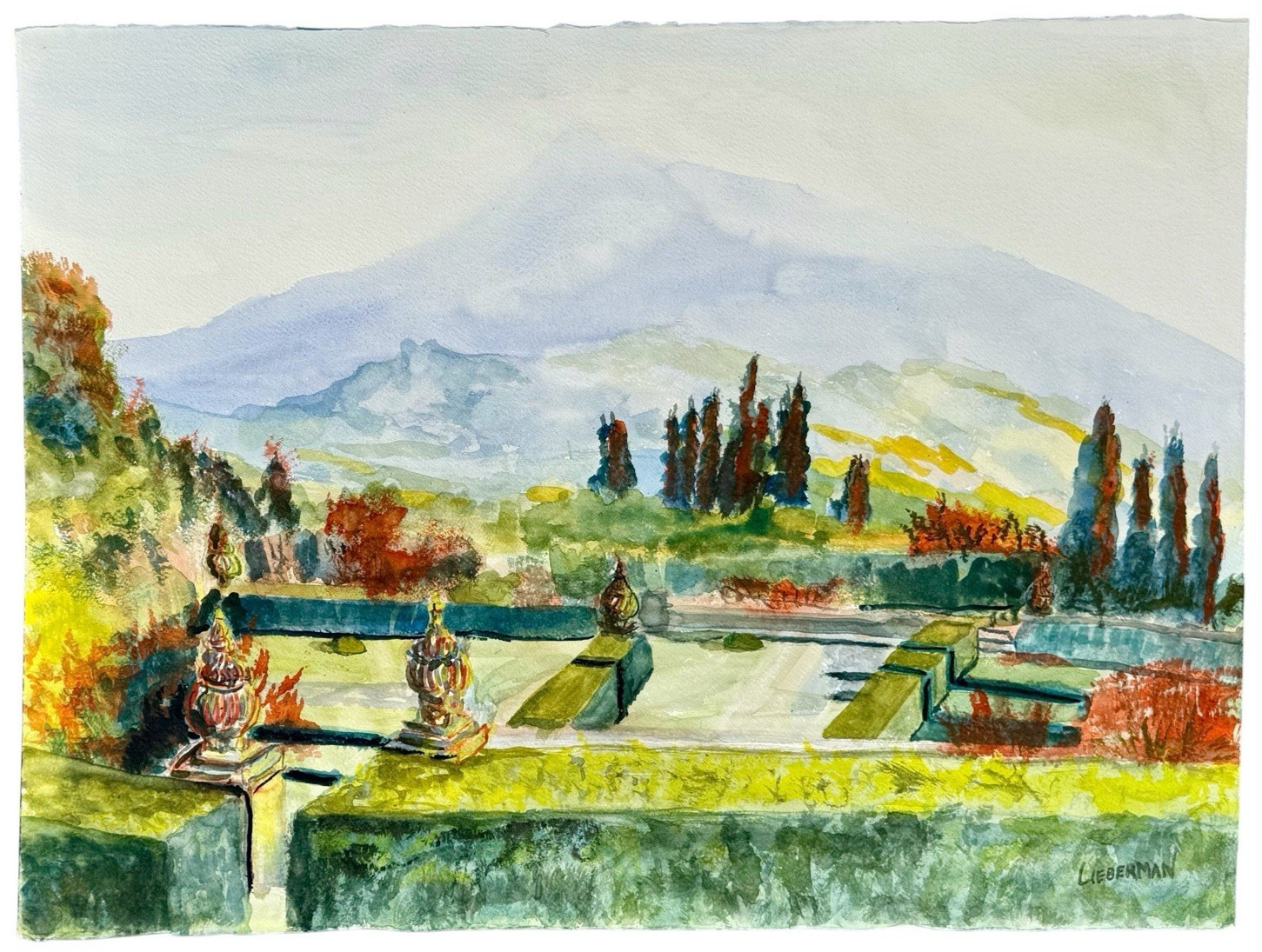 ⭕️ LARGE WATERCOLOR ITALIAN GARDEN BY BARRY LIEBERMAN SIGNED GARDEN ART 30×22