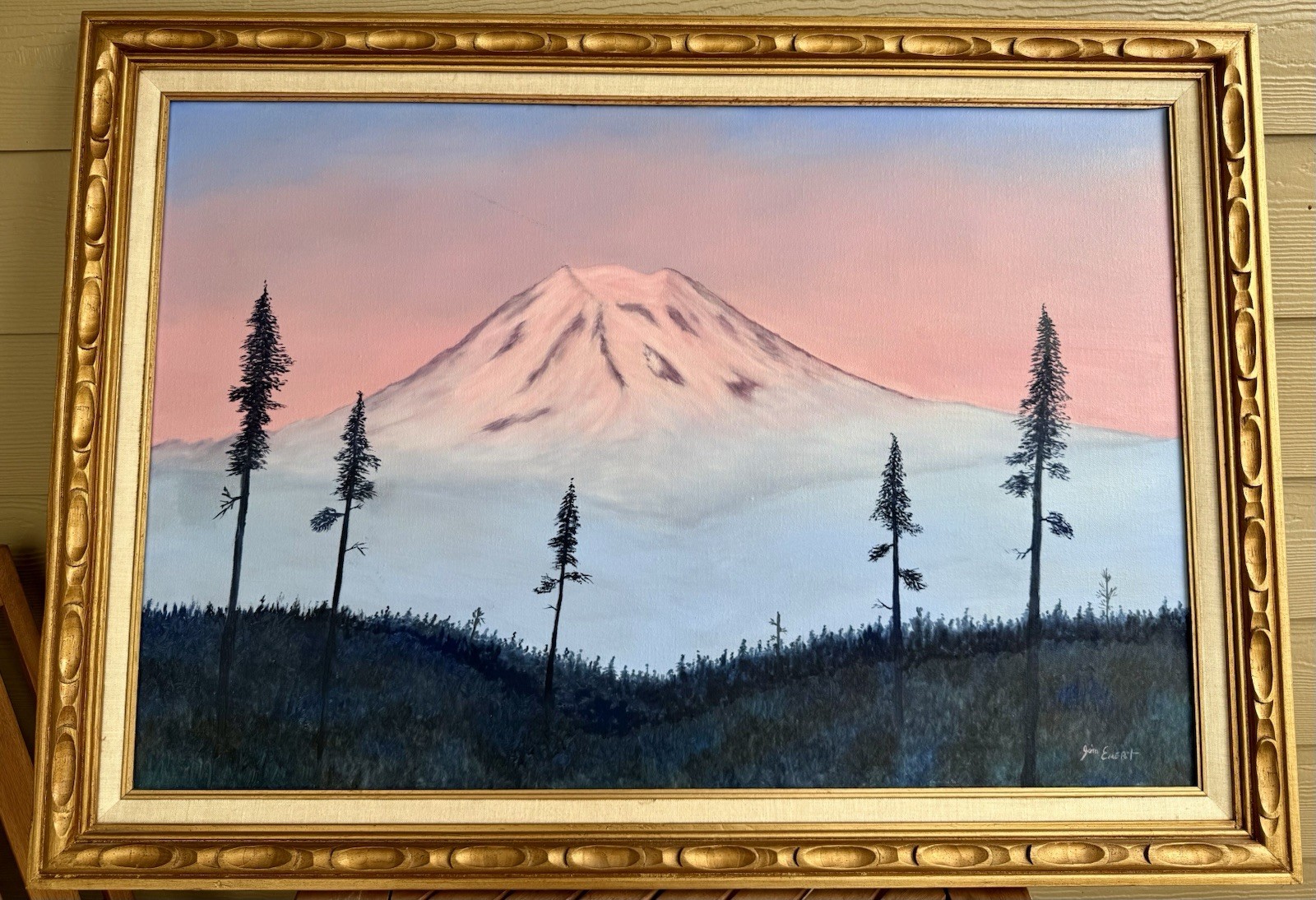 Vintage Mt. Hood Oregon Original Signed Oil Painting Gold Gilt Wood Frame 41×29