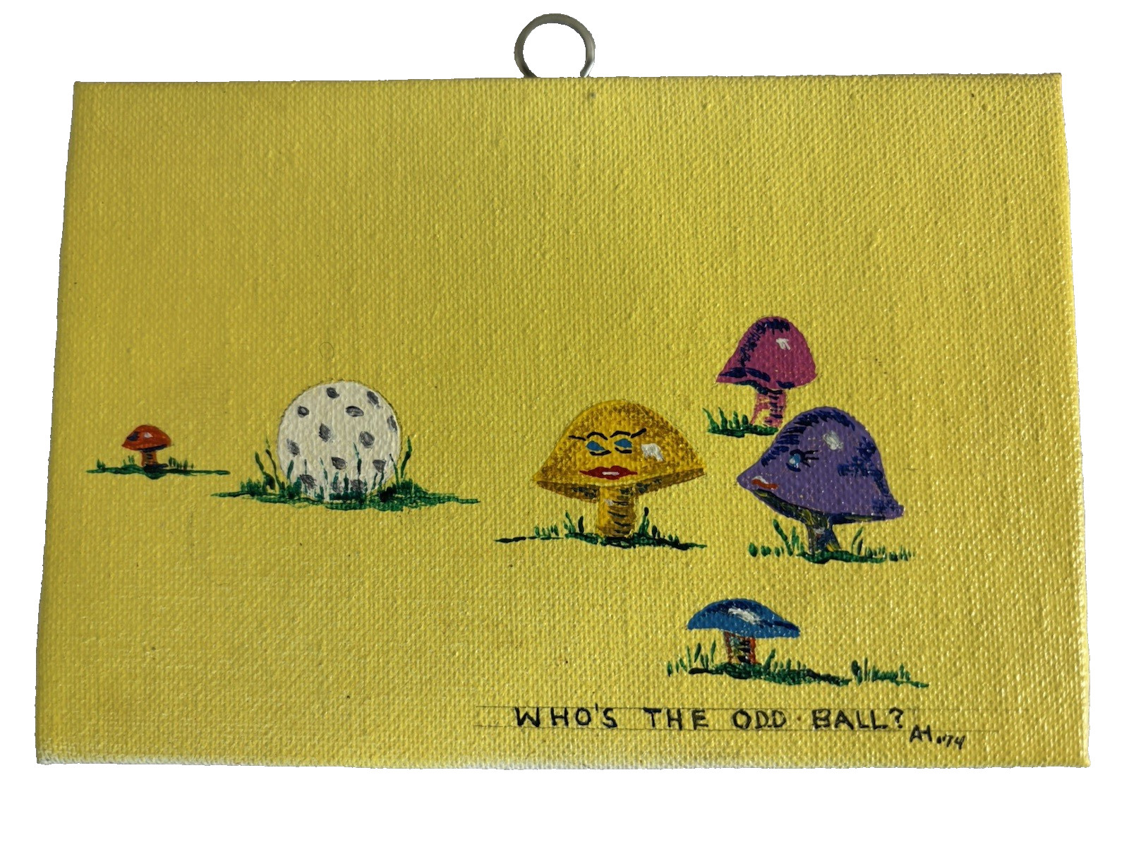 Vintage 1970s Mushroom Golf Art Series #1 4″ x 6″ Original Painting Odd Ball