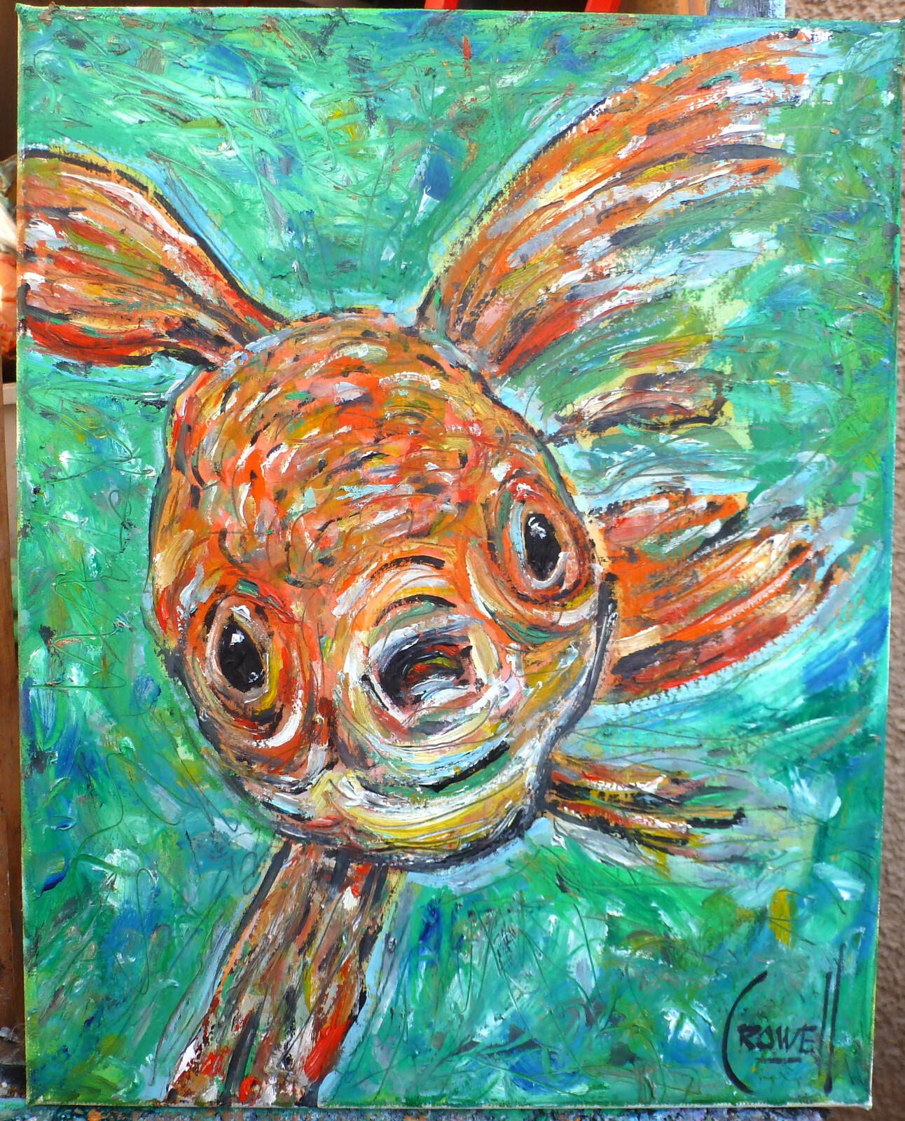 GOLDIE, THE FISH new pet oil painting 8×10 canvas original signed art by Crowell