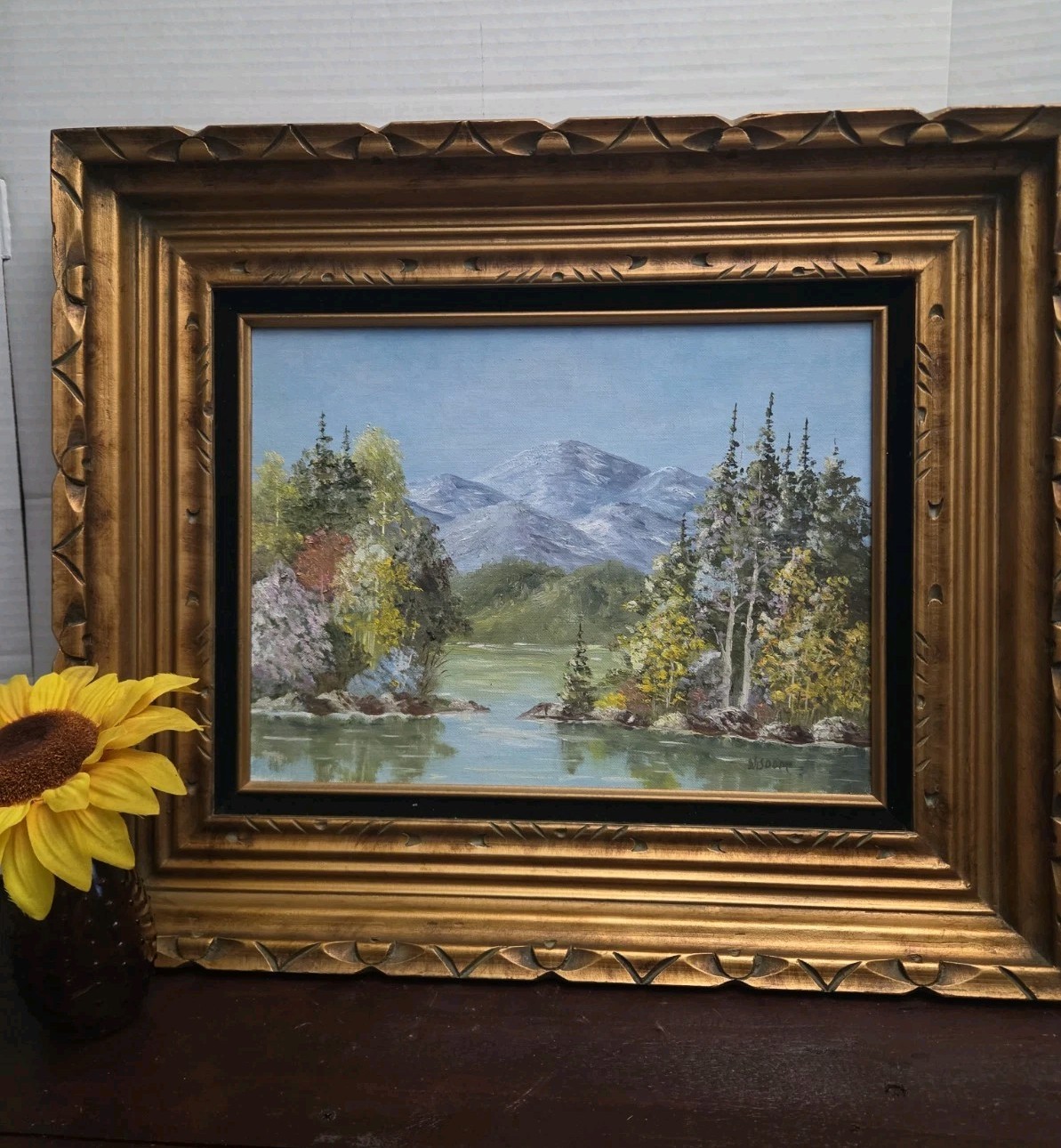 Vintage Oil Painting Of Forest & Mountain On All Wood Frame Signed NICE