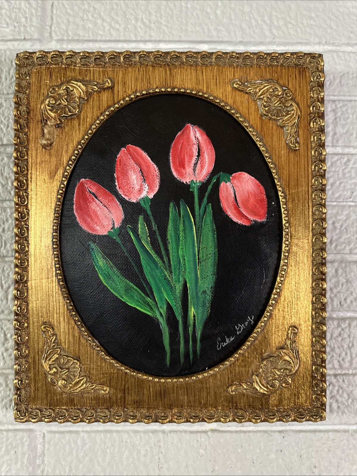 Original Painting Art Tulips Ornate Wood Frame Gold 10×12
