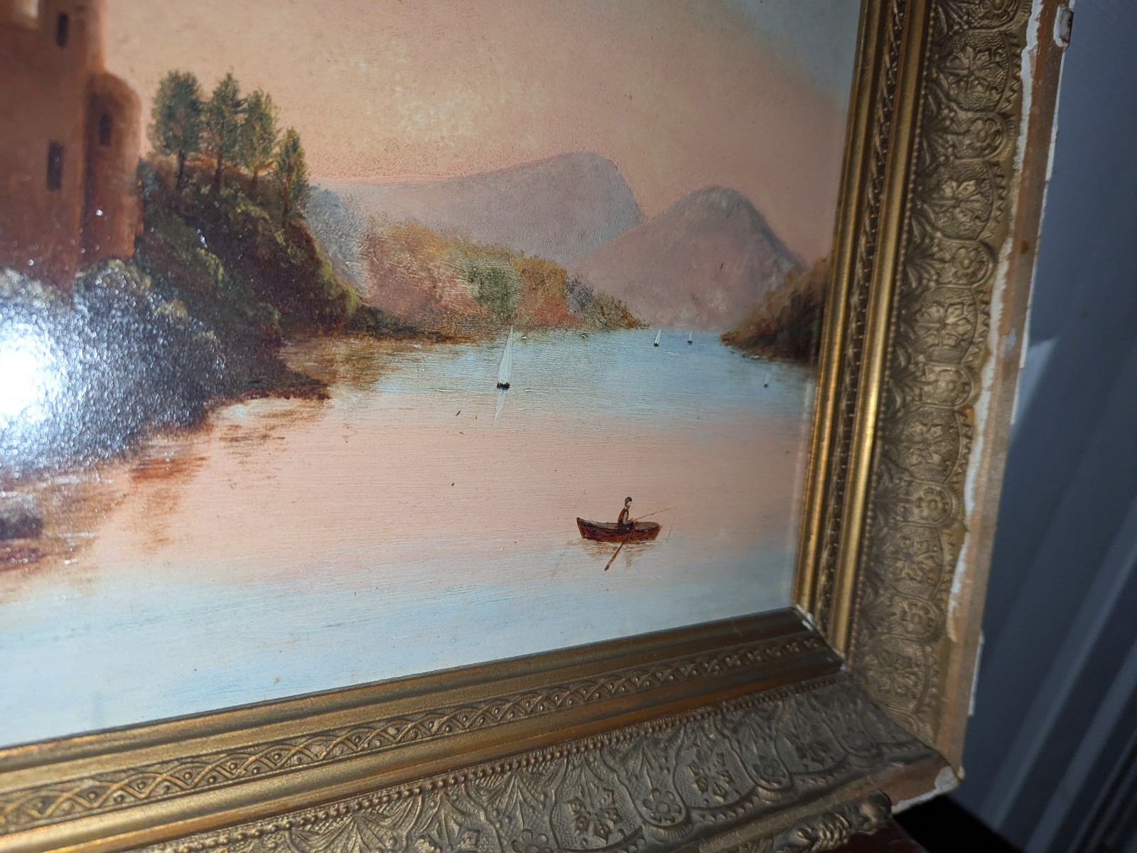 Antique Primitive HUDSON RIVER New York Riverscape Oil Painting On Academy Board