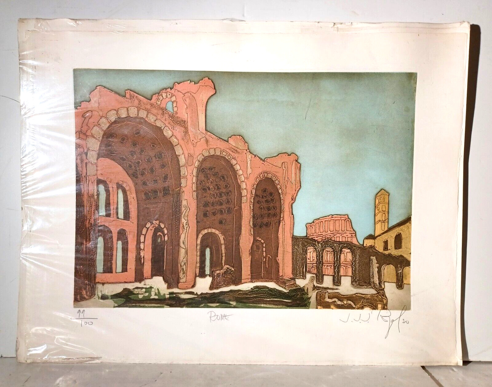1970 FRENCH JJ REGAL PENCIL Sd HAND COLORED LE ETCHING RUINS of ANCIENT ‘ROME’