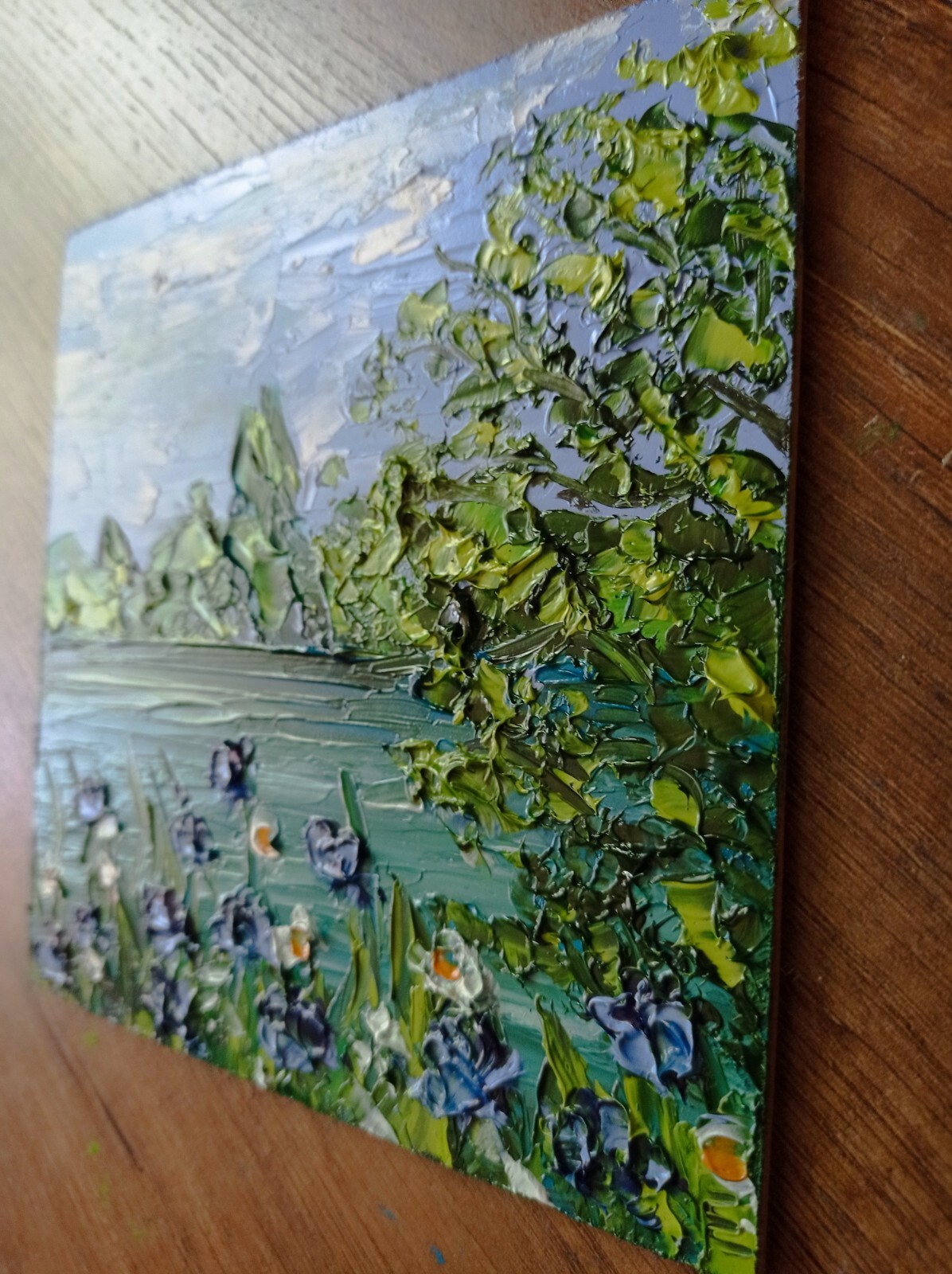 Cornflowers Sunset River Original Oil Painting Flowers Landscape Art size 6 x 6″