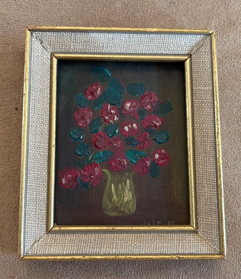 3 3/4″ Rose Bouquet Miniature Oil on board Painting rose floral W W signed