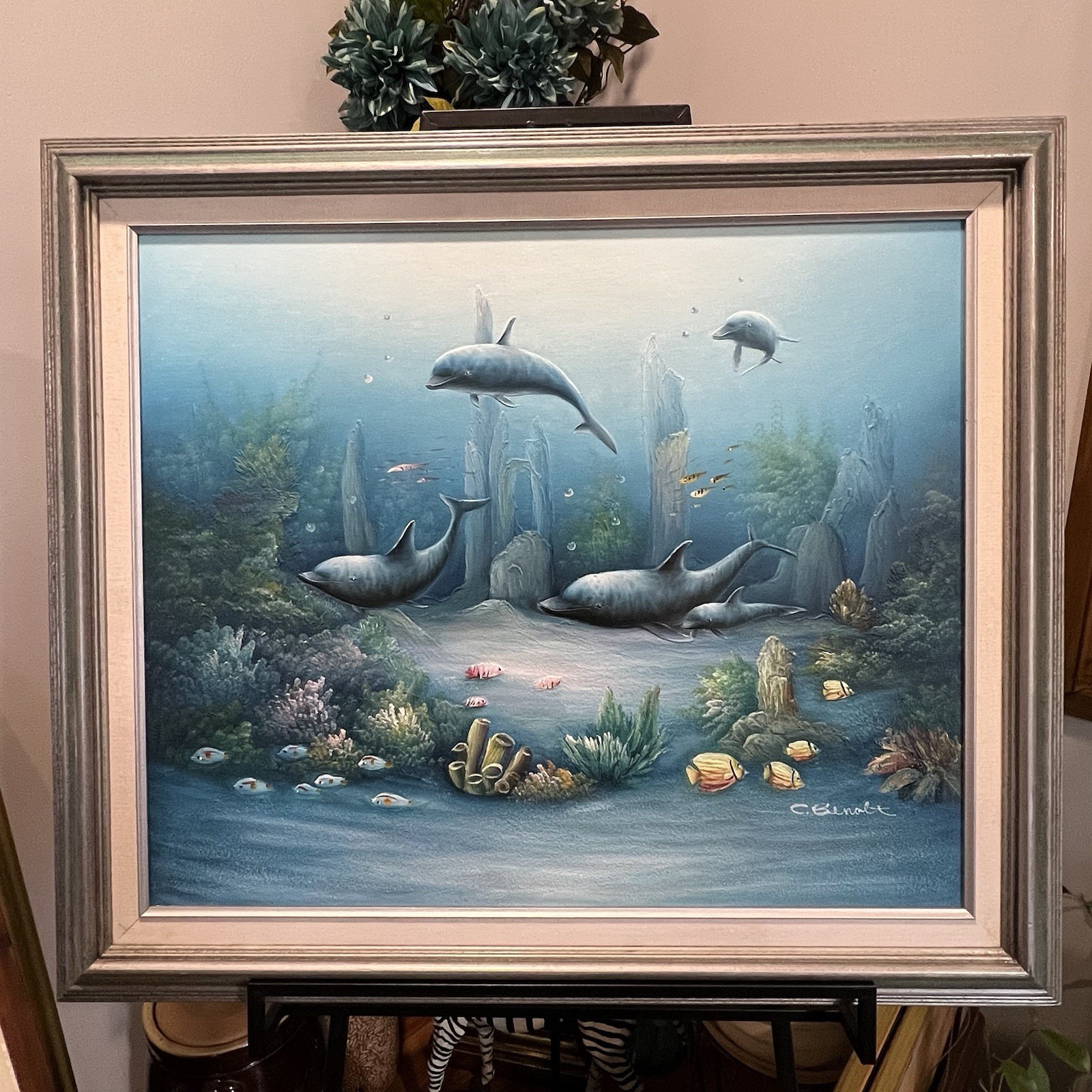 C. Benoit Original Dolphin Ocean Scene Oil Painting Framed 26×29 Coastal Art