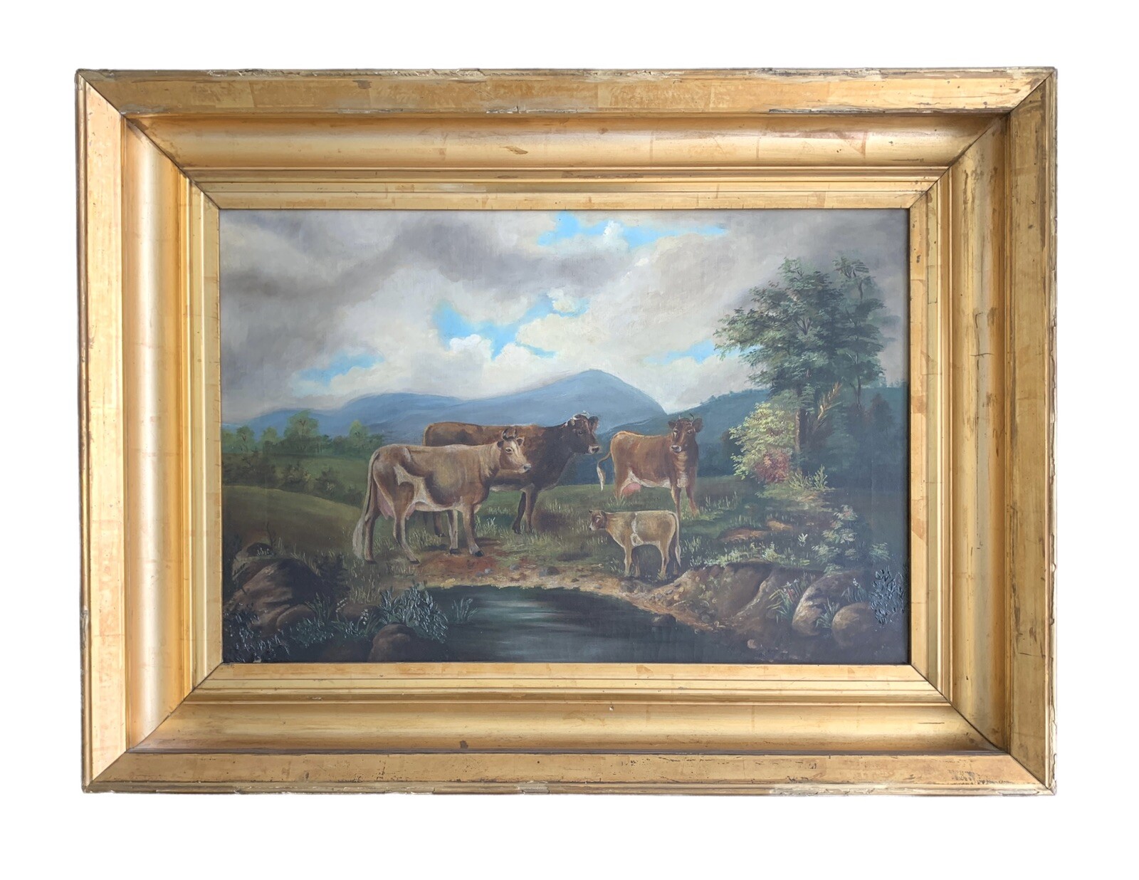 Cows at the Watering Hole ~ early 20th Century ~ original painting