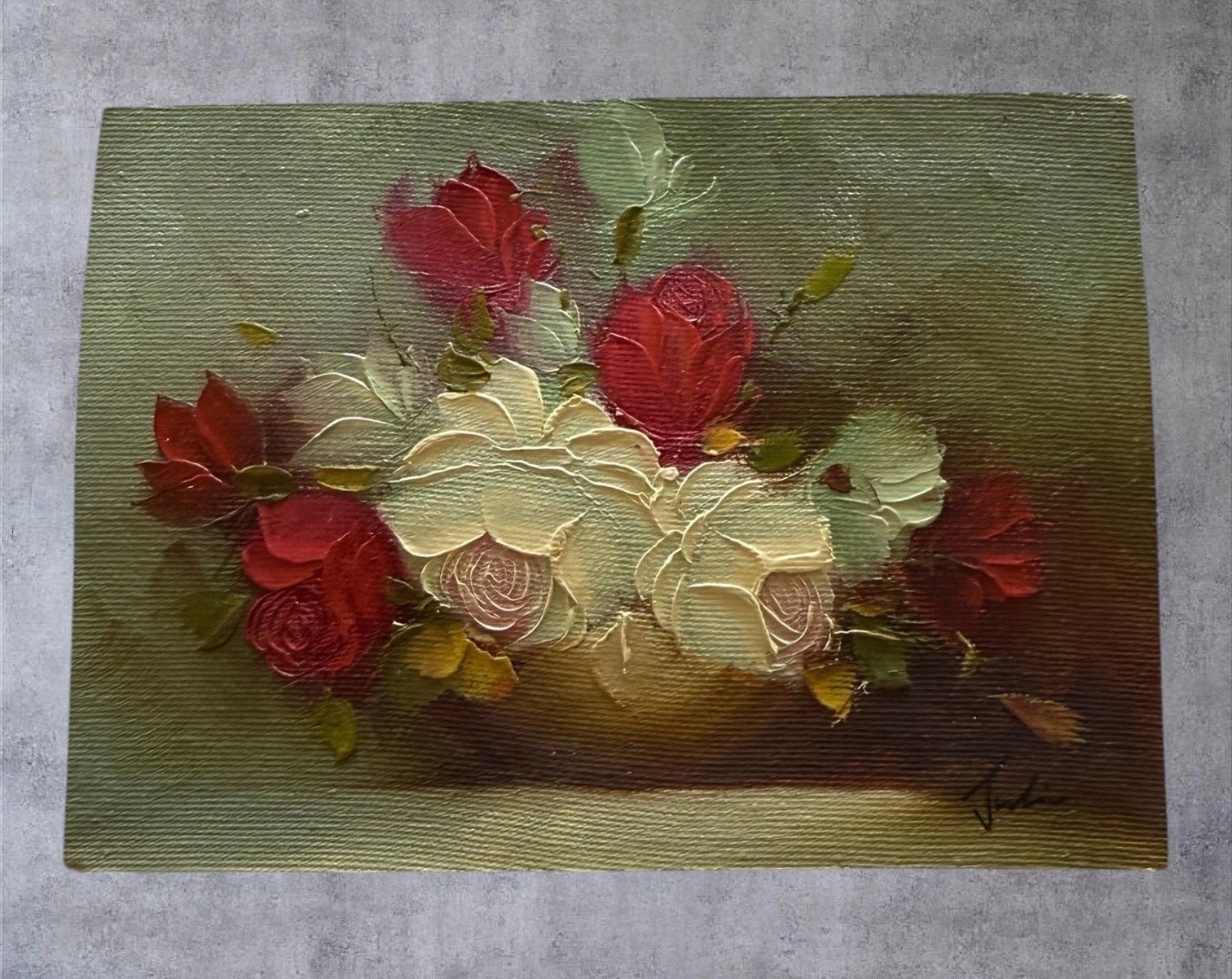 Vtg Impasto Oil Painting Roses Signed MCM Floral Textured Art 5×7 Cottagecore