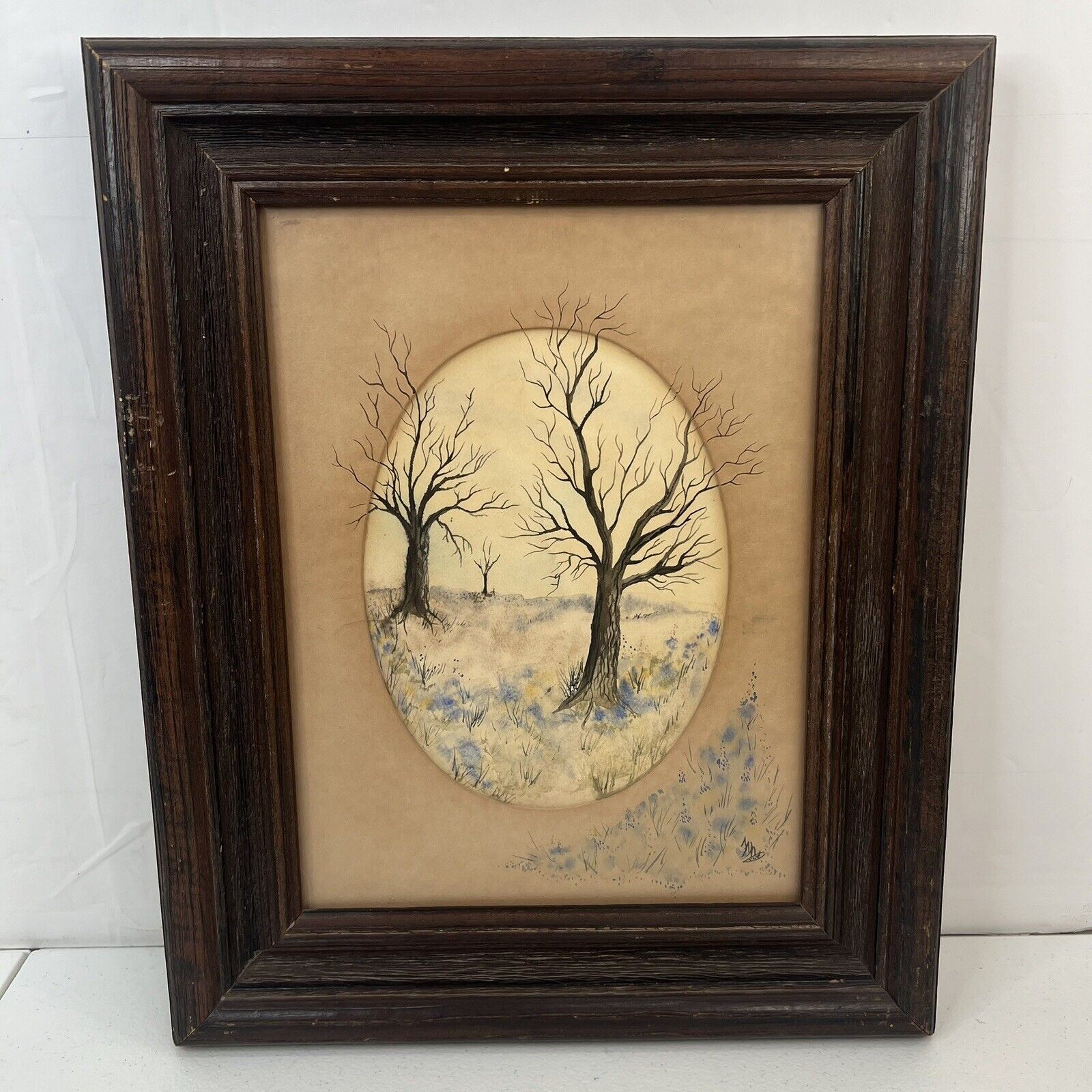 Original Watercolor Painting Framed Signed Autumn Leafless Trees Wood Frame Mat
