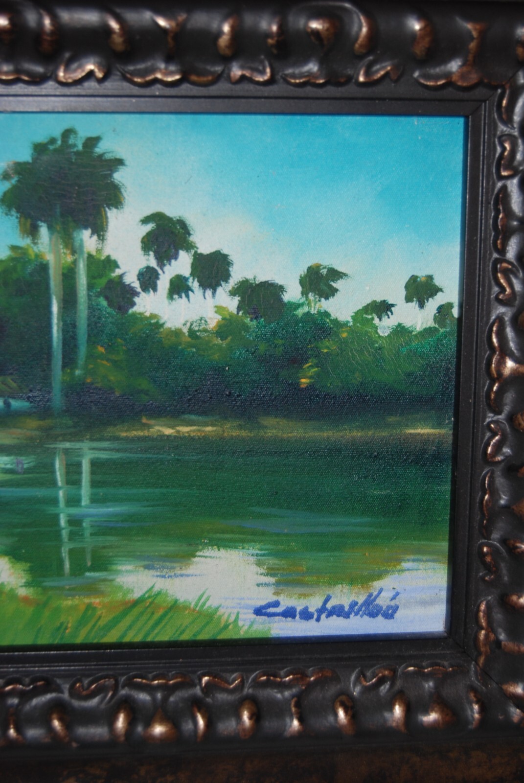 FRAMED SIGNED OIL PALMS AND HUT (BOHIO) A CUBAN COUNTRY SCENE ARTIST: CASTRILLON